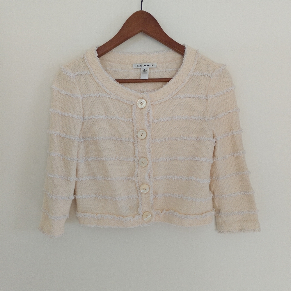 St. John Collection Cream Wool Blend Fringe Knit Cropped Jacket Size 8